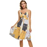 Seamless Pattern Cute Cat Cartoons Sleeveless Tie Front Chiffon Dress