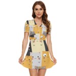 Seamless Pattern Cute Cat Cartoons V-Neck High Waist Chiffon Mini Dress