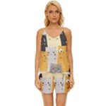 Seamless Pattern Cute Cat Cartoons V-Neck Satin Pajamas Set