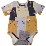 Seamless Pattern Cute Cat Cartoons Baby Short Sleeve Bodysuit