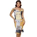 Seamless Pattern Cute Cat Cartoons Off Shoulder Ruffle Split Hem Bodycon Dress