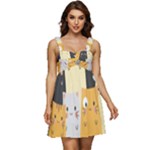 Seamless Pattern Cute Cat Cartoons Ruffle Strap Babydoll Chiffon Dress