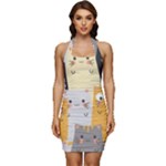 Seamless Pattern Cute Cat Cartoons Sleeveless Wide Square Neckline Ruched Bodycon Dress