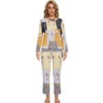Seamless Pattern Cute Cat Cartoons Womens  Long Sleeve Lightweight Pajamas Set