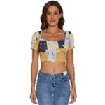 Seamless Pattern Cute Cat Cartoons Short Sleeve Square Neckline Crop Top 