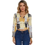 Seamless Pattern Cute Cat Cartoons Long Sleeve V-Neck Top