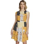 Seamless Pattern Cute Cat Cartoons Cap Sleeve High Waist Dress