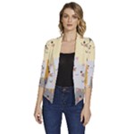 Seamless Pattern Cute Cat Cartoons Women s Draped Front 3/4 Sleeve Shawl Collar Jacket