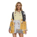 Seamless Pattern Cute Cat Cartoons Round Neck Long Sleeve Bohemian Style Chiffon Mini Dress