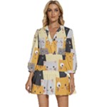 Seamless Pattern Cute Cat Cartoons V-Neck Placket Mini Dress