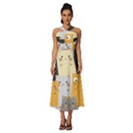 Seamless Pattern Cute Cat Cartoons Sleeveless Cross Front Cocktail Midi Chiffon Dress