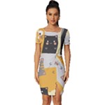 Seamless Pattern Cute Cat Cartoons Fitted Knot Split End Bodycon Dress