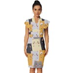Seamless Pattern Cute Cat Cartoons Vintage Frill Sleeve V-Neck Bodycon Dress