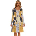 Seamless Pattern Cute Cat Cartoons Long Sleeve Dress With Pocket