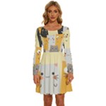 Seamless Pattern Cute Cat Cartoons Long Sleeve Wide Neck Velvet Dress