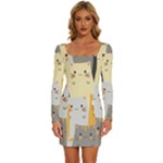 Seamless Pattern Cute Cat Cartoons Long Sleeve Square Neck Bodycon Velvet Dress