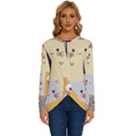 Seamless Pattern Cute Cat Cartoons Long Sleeve Crew Neck Pullover Top