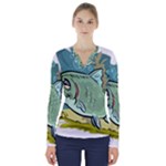 Fish Hook Worm Bait Water Hobby V-Neck Long Sleeve Top