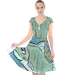 Fish Hook Worm Bait Water Hobby Cap Sleeve Front Wrap Midi Dress