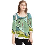 Fish Hook Worm Bait Water Hobby Chiffon Quarter Sleeve Blouse