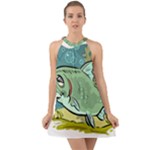 Fish Hook Worm Bait Water Hobby Halter Tie Back Chiffon Dress