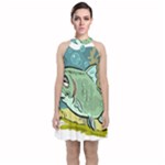 Fish Hook Worm Bait Water Hobby Velvet Halter Neckline Dress 