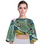 Fish Hook Worm Bait Water Hobby Tie Back Butterfly Sleeve Chiffon Top
