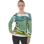 Fish Hook Worm Bait Water Hobby Off Shoulder Long Sleeve Velour Top