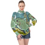 Fish Hook Worm Bait Water Hobby High Neck Long Sleeve Chiffon Top