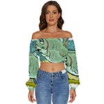 Fish Hook Worm Bait Water Hobby Long Sleeve Crinkled Weave Crop Top