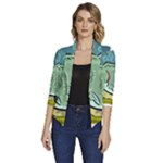 Fish Hook Worm Bait Water Hobby Women s Draped Front 3/4 Sleeve Shawl Collar Jacket