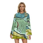 Fish Hook Worm Bait Water Hobby Round Neck Long Sleeve Bohemian Style Chiffon Mini Dress