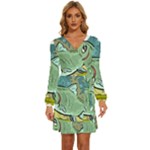 Fish Hook Worm Bait Water Hobby Long Sleeve Waist Tie Ruffle Velvet Dress