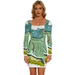 Fish Hook Worm Bait Water Hobby Long Sleeve Square Neck Bodycon Velvet Dress