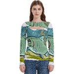 Fish Hook Worm Bait Water Hobby Women s Cut Out Long Sleeve T-Shirt