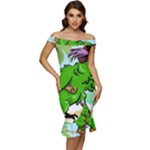 Parrot Hat Cartoon Captain Off Shoulder Ruffle Split Hem Bodycon Dress