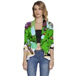 Parrot Hat Cartoon Captain Women s 3/4 Sleeve Ruffle Edge Open Front Jacket