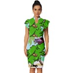 Parrot Hat Cartoon Captain Vintage Frill Sleeve V-Neck Bodycon Dress