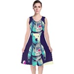 Bear Astronaut Futuristic V-Neck Midi Sleeveless Dress 