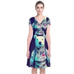 Bear Astronaut Futuristic Short Sleeve Front Wrap Dress