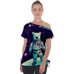 Bear Astronaut Futuristic Off Shoulder Tie-Up T-Shirt