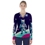 Bear Astronaut Futuristic V-Neck Long Sleeve Top