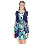 Bear Astronaut Futuristic Long Sleeve V-neck Flare Dress