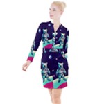 Bear Astronaut Futuristic Button Long Sleeve Dress