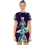 Bear Astronaut Futuristic Drop Hem Mini Chiffon Dress