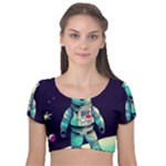 Bear Astronaut Futuristic Velvet Short Sleeve Crop Top 