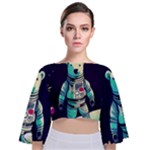 Bear Astronaut Futuristic Tie Back Butterfly Sleeve Chiffon Top