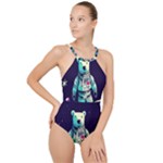 Bear Astronaut Futuristic High Neck One Piece Swimsuit