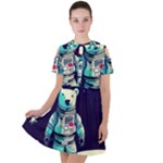 Bear Astronaut Futuristic Short Sleeve Shoulder Cut Out Dress 