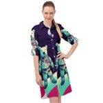 Bear Astronaut Futuristic Long Sleeve Mini Shirt Dress